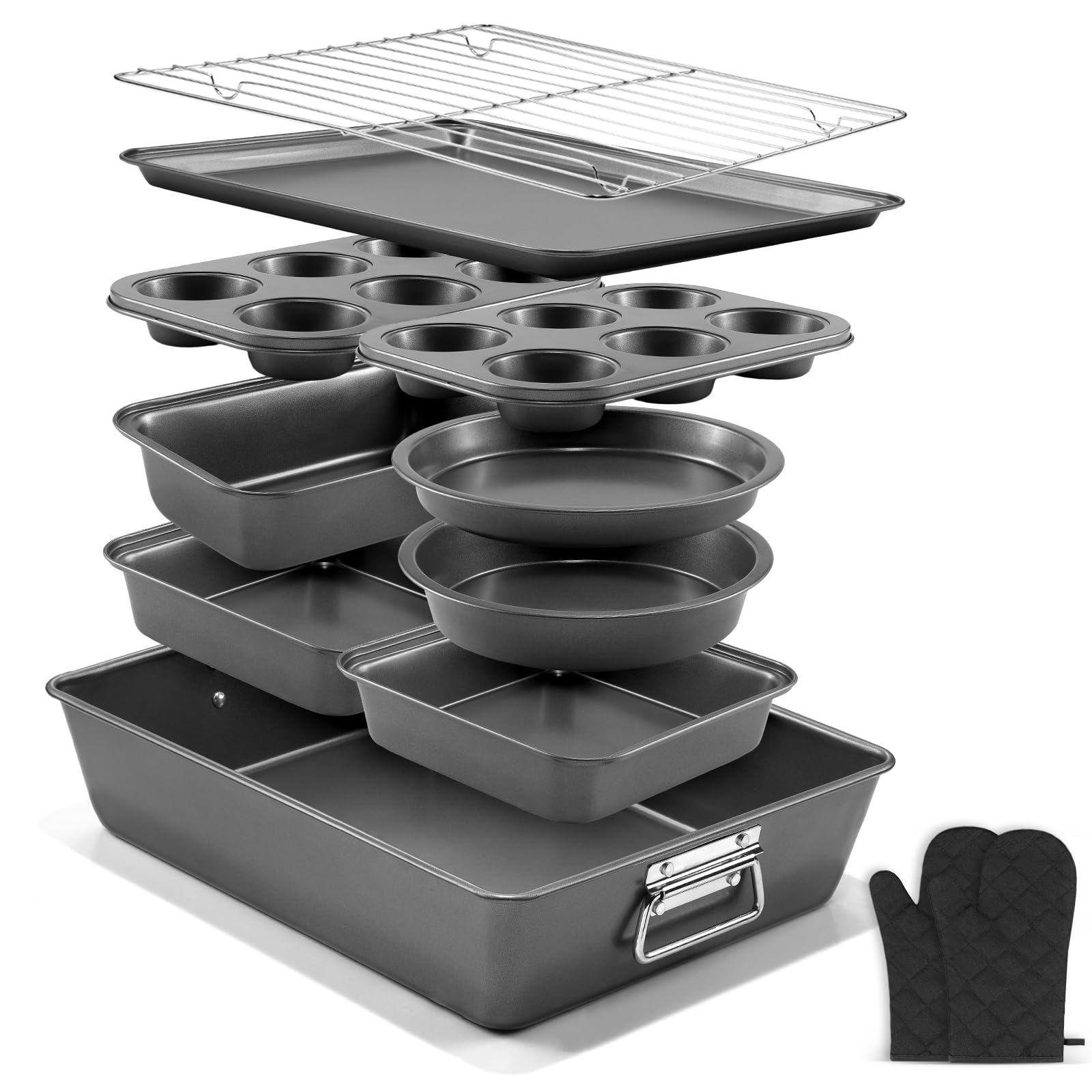 Gymdin bakeware set front view showing all 12 pieces and organized benefit
