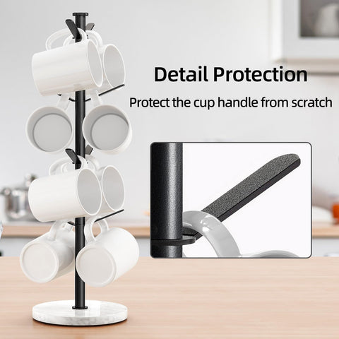 Gypie marble mug holder branch detail shows matte black stainless hooks for durability