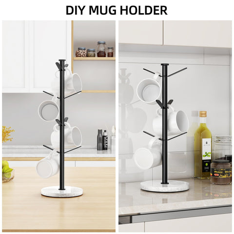 Gypie marble mug holder scale next to coffee maker shows space-saving fit
