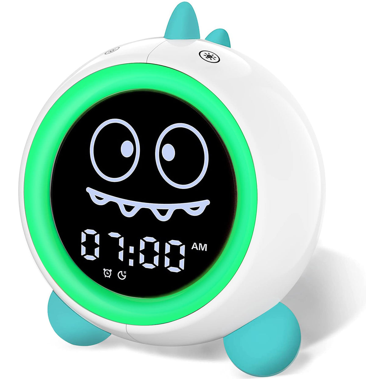 H-chin dinosaur front view showing clock and friendly face for toddler reassurance