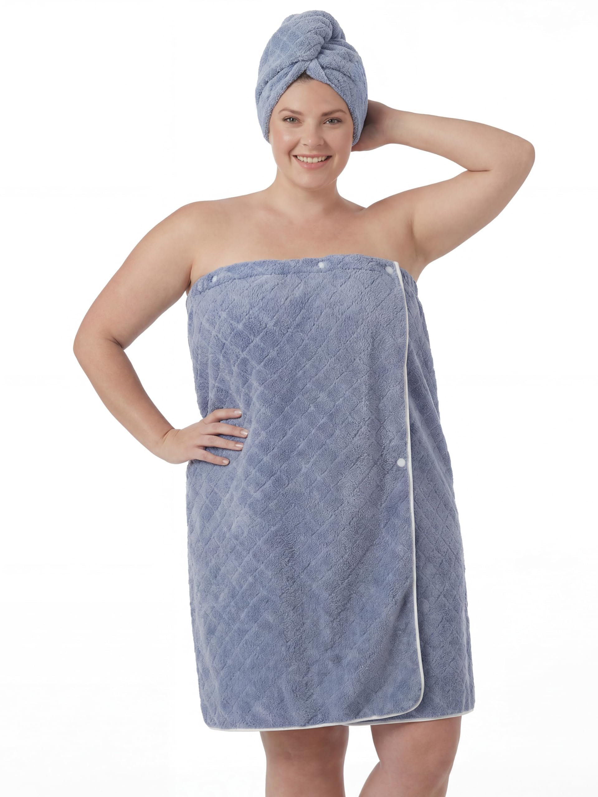 H HomeZzz front view of wrap and hair towel set showing full coverage and style