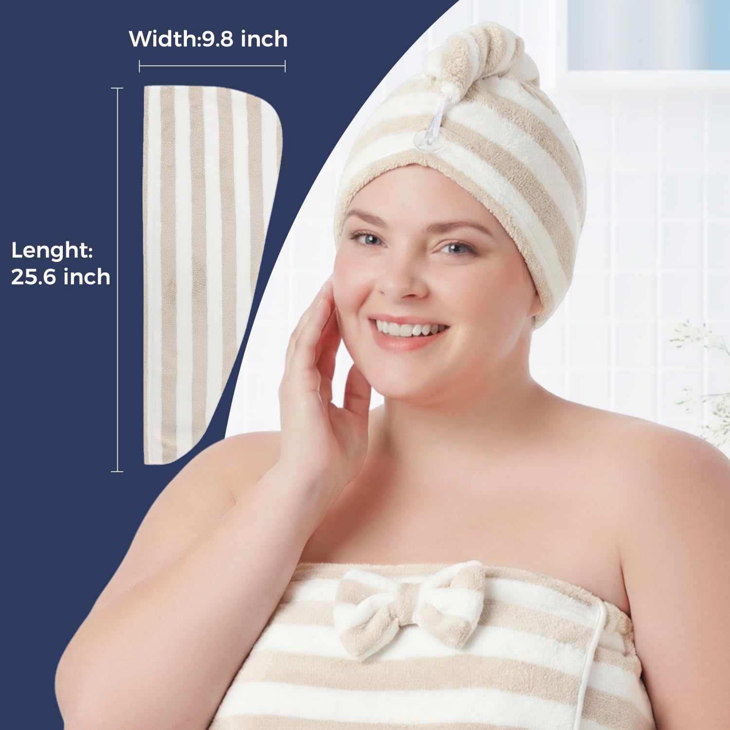 H HomeZzz hair towel twist on model showing hands-free drying and convenience benefit