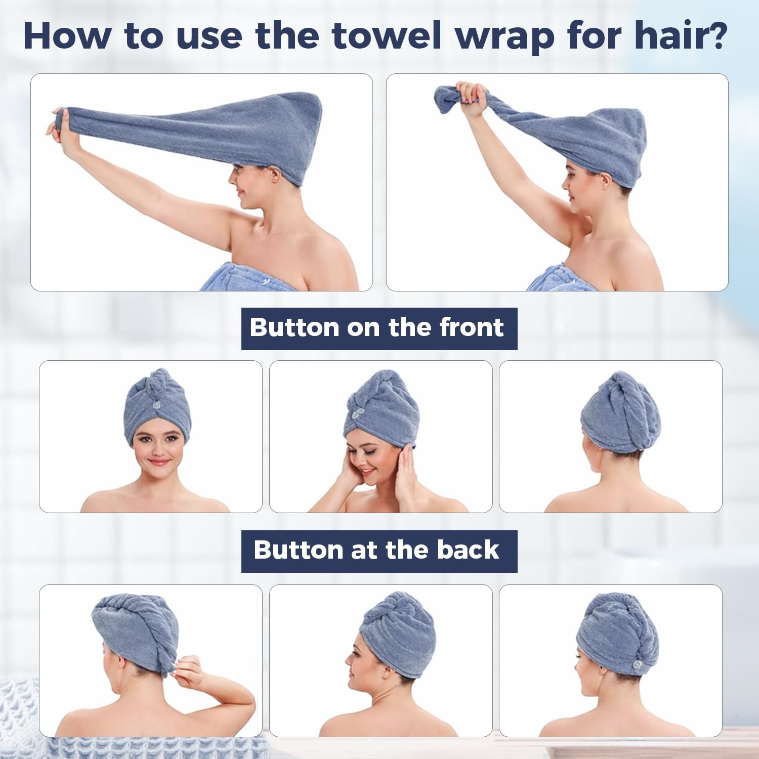 H HomeZzz hair towel wrap on model reducing drying time and frizz