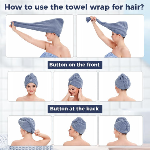 H HomeZzz hair towel wrap on model reducing drying time and frizz