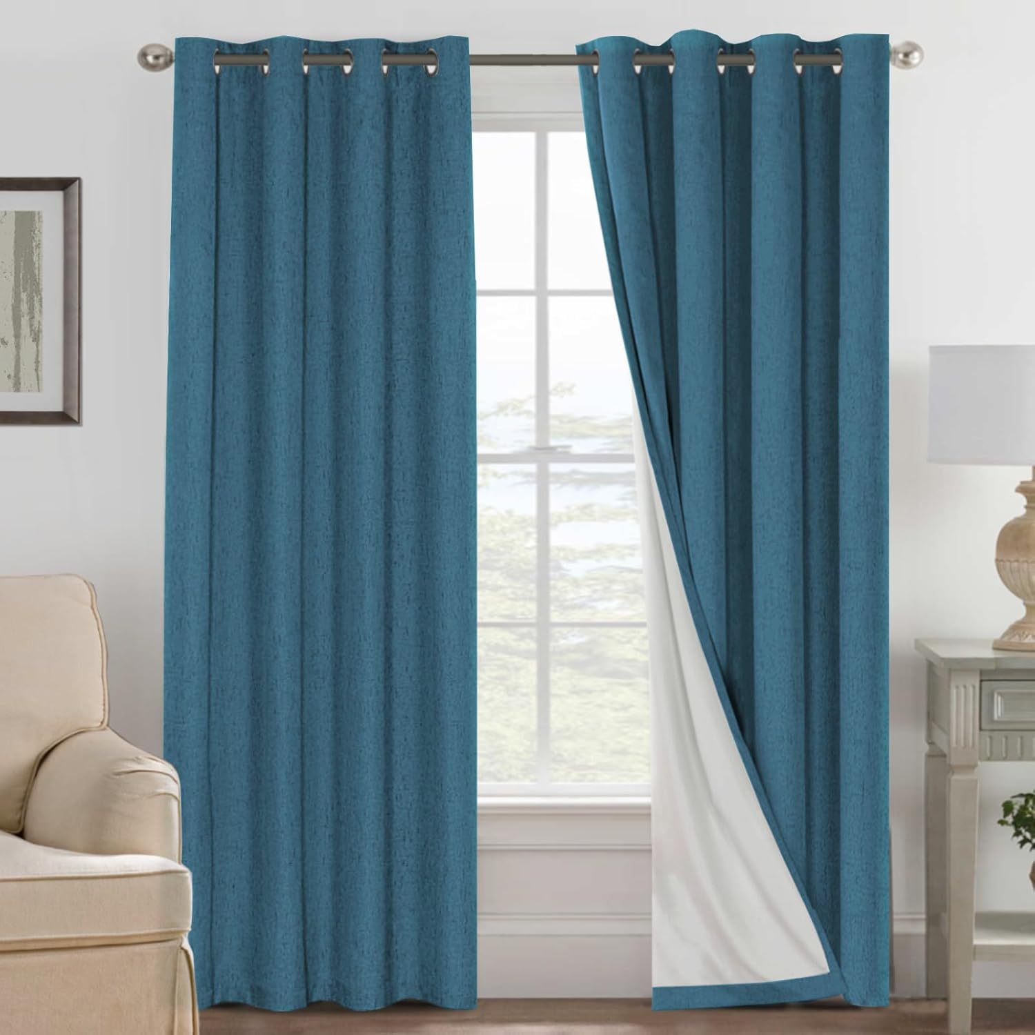 H.VERSAILTEX front view of blue sapphire panels showing elegant window coverage and privacy