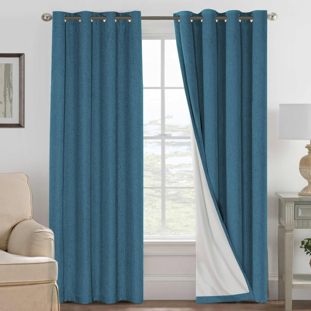 H.VERSAILTEX front view of blue sapphire panels showing elegant window coverage and privacy
