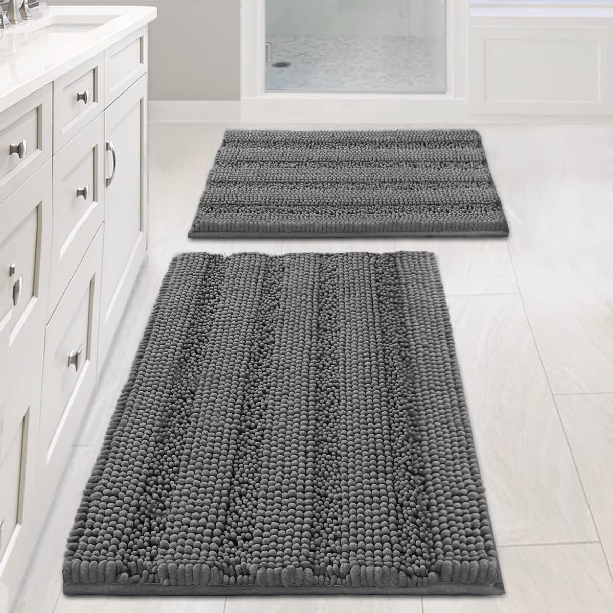 H.VERSAILTEX front view of grey two-piece bath rug set showing plush stripes and soft feel