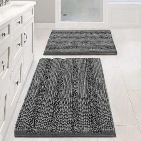 H.VERSAILTEX front view of grey two-piece bath rug set showing plush stripes and soft feel