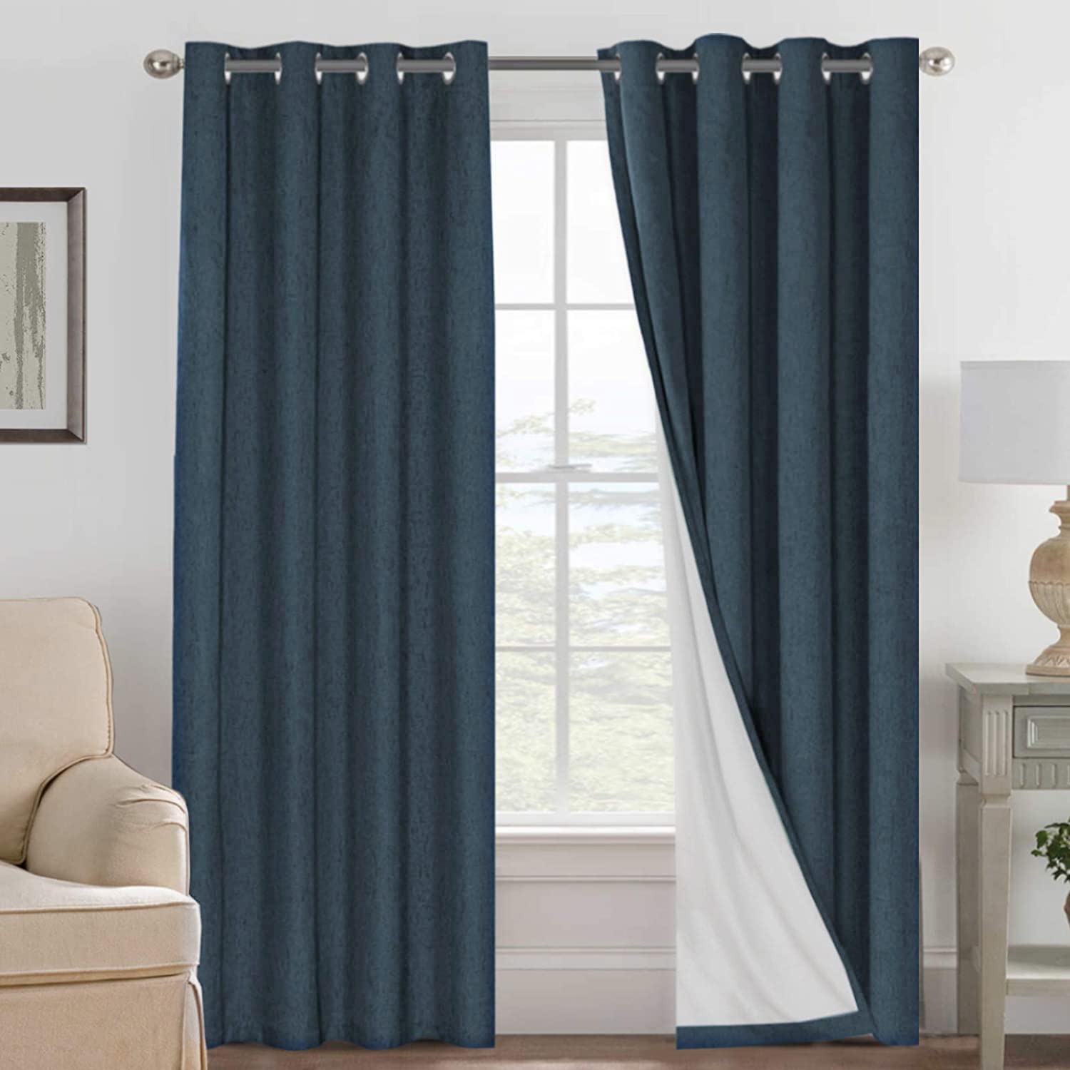 H.VERSAILTEX front view of navy curtain panels showing polished look and coverage benefit