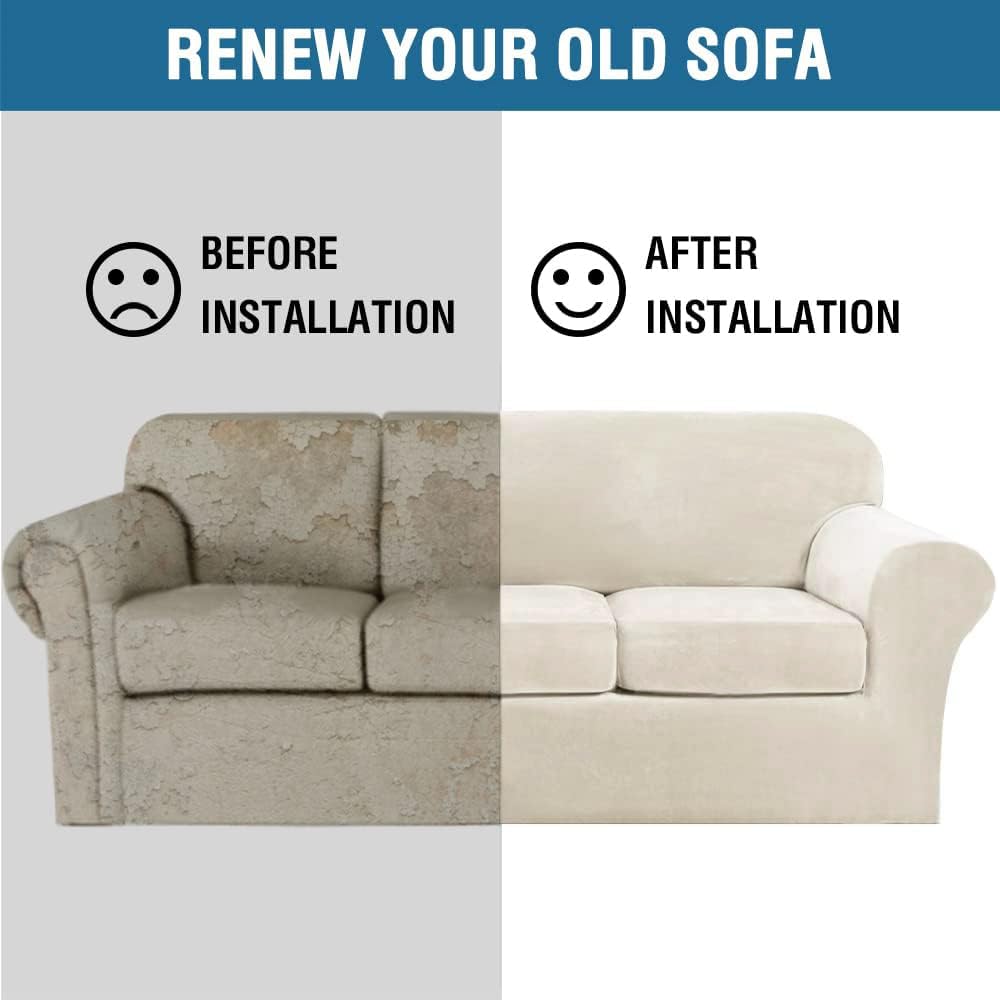 H.VERSAILTEX before and after showing renewed sofa transformation
