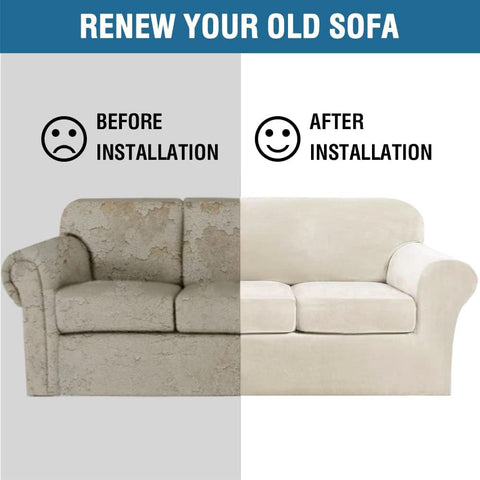 H.VERSAILTEX before and after showing renewed sofa transformation