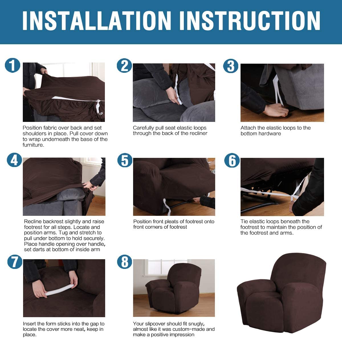 H.VERSAILTEX cover on recliner with person for scale showing accurate sizing benefit