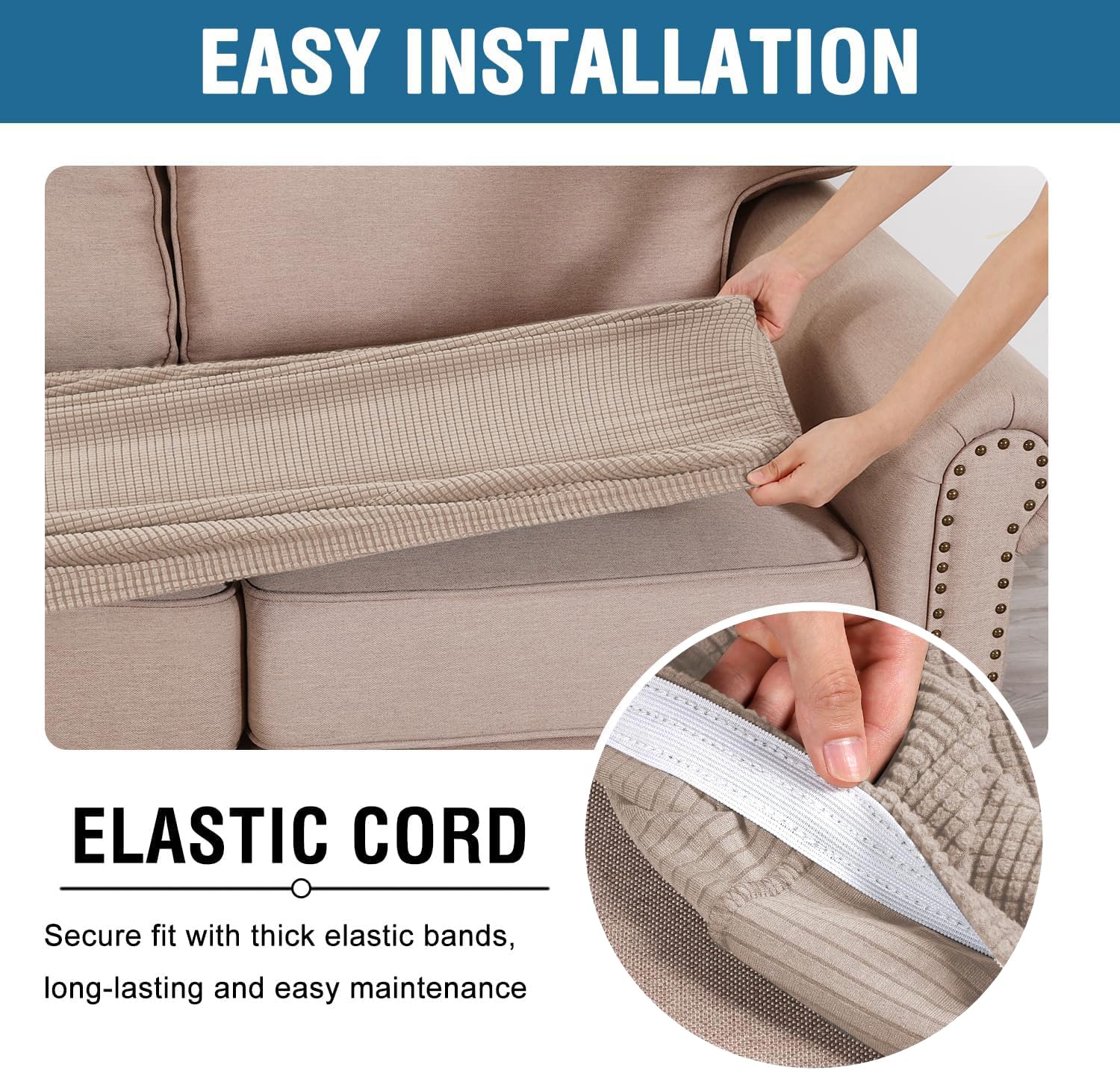 H.VERSAILTEX hands installing slipcover showing easy on/off convenience