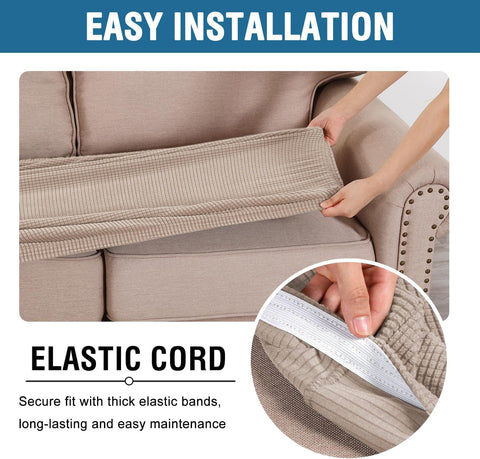 H.VERSAILTEX hands installing slipcover showing easy on/off convenience
