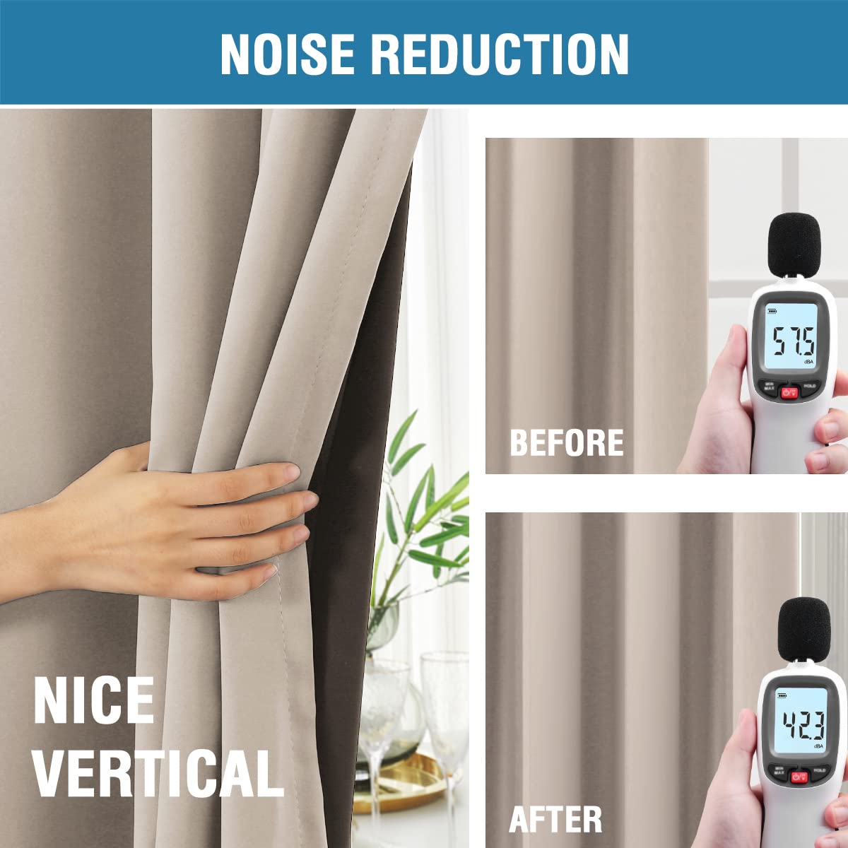H.VERSAILTEX folded curtain with care label showing easy machine-wash benefits
