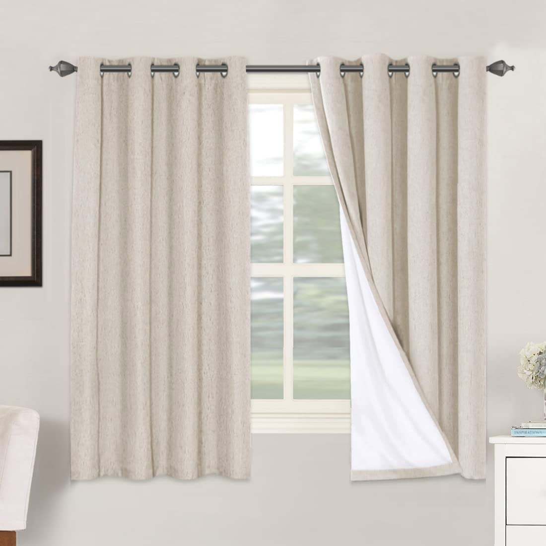 H.VERSAILTEX front view of two 63" panels showing natural linen look and full coverage