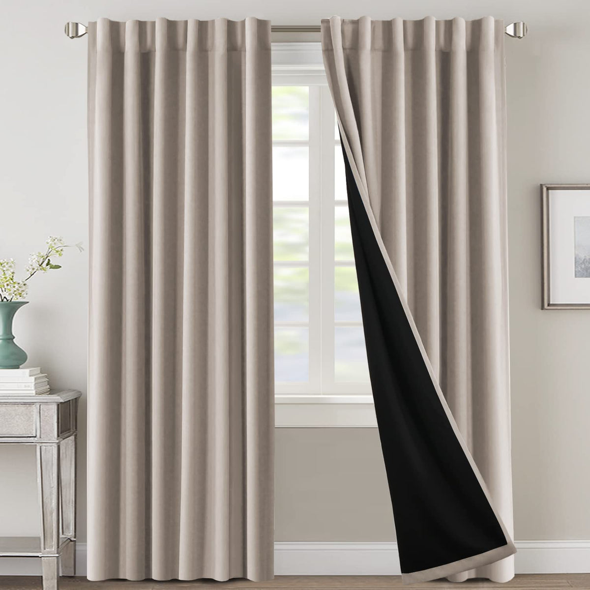 H.VERSAILTEX front view showing two natural sand blackout panels for full privacy
