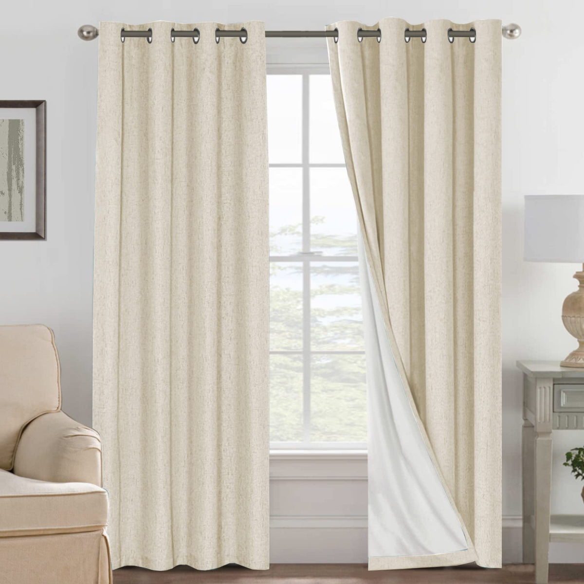 H.VERSAILTEX front view bleached sand curtains showing full blackout benefit