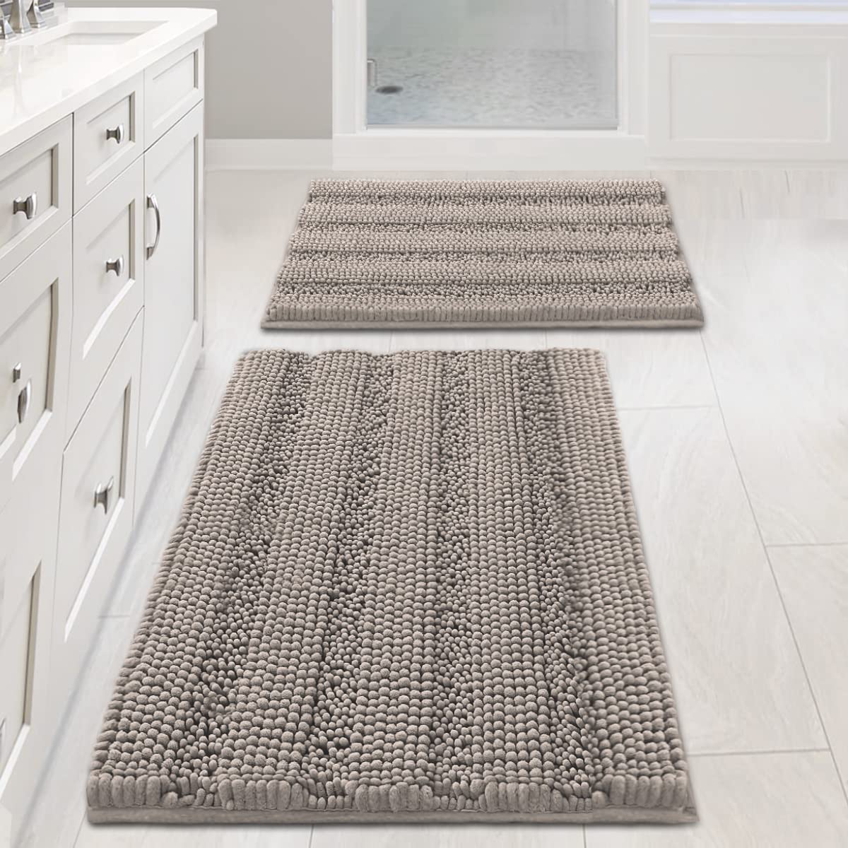 H.VERSAILTEX front view striped bath rug set showing plush comfort and color