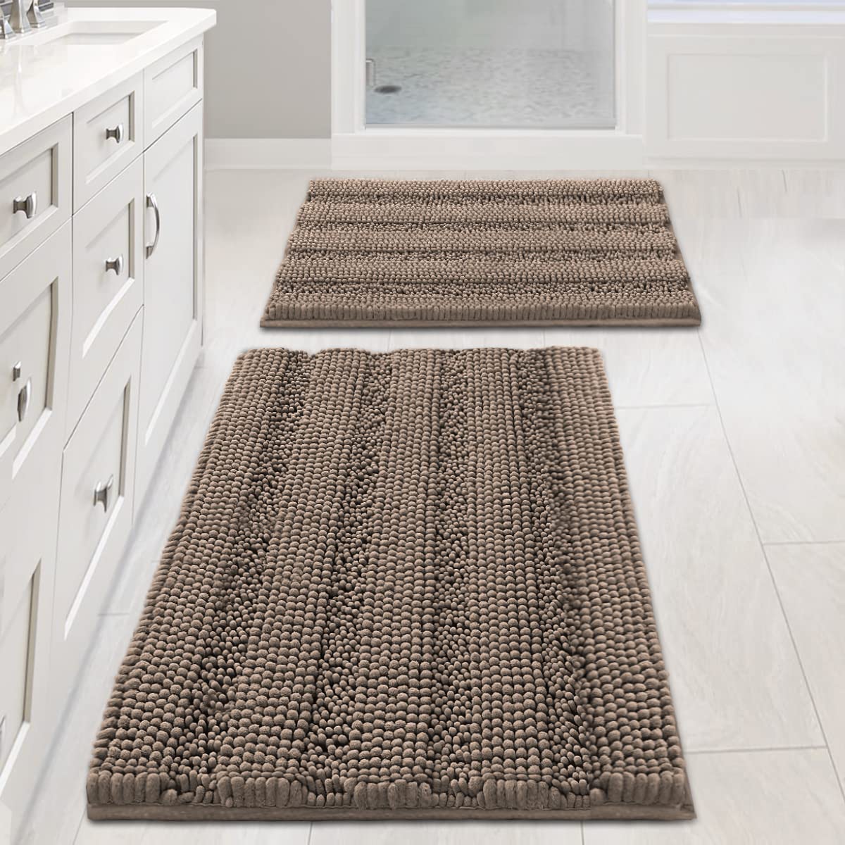 H.VERSAILTEX front view of taupe striped rug set shows cozy bath decor and comfort