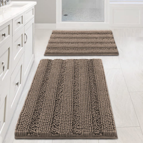 H.VERSAILTEX front view of taupe striped rug set shows cozy bath decor and comfort
