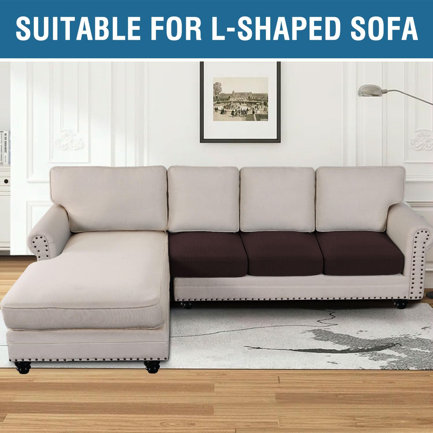 H.VERSAILTEX cover installed on sofa cushions renewing appearance and protection