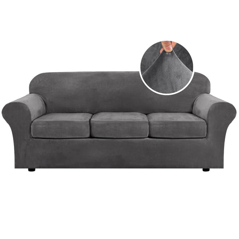 H.VERSAILTEX front view of grey velvet sofa cover showing full fit and clean lines
