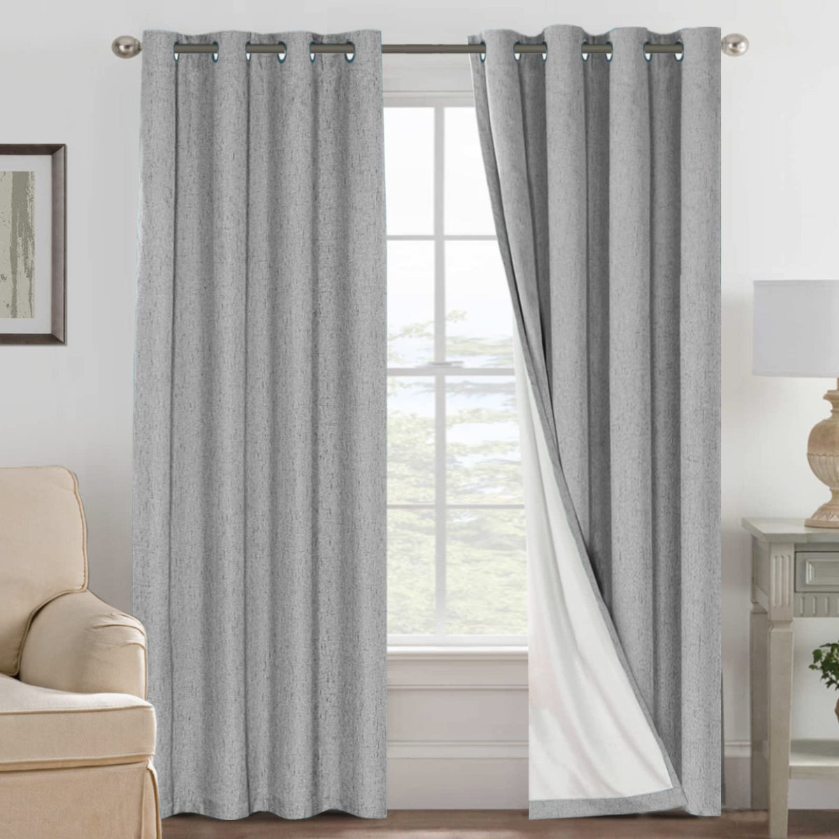 H.VERSAILTEX front view of dove gray panels showing elegant linen look and full coverage