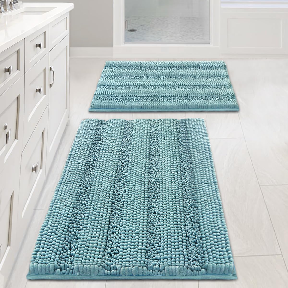 H.VERSAILTEX front view of aqua haze rug set showing striped decor and cozy feel