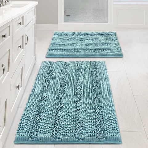 H.VERSAILTEX front view of aqua haze rug set showing striped decor and cozy feel