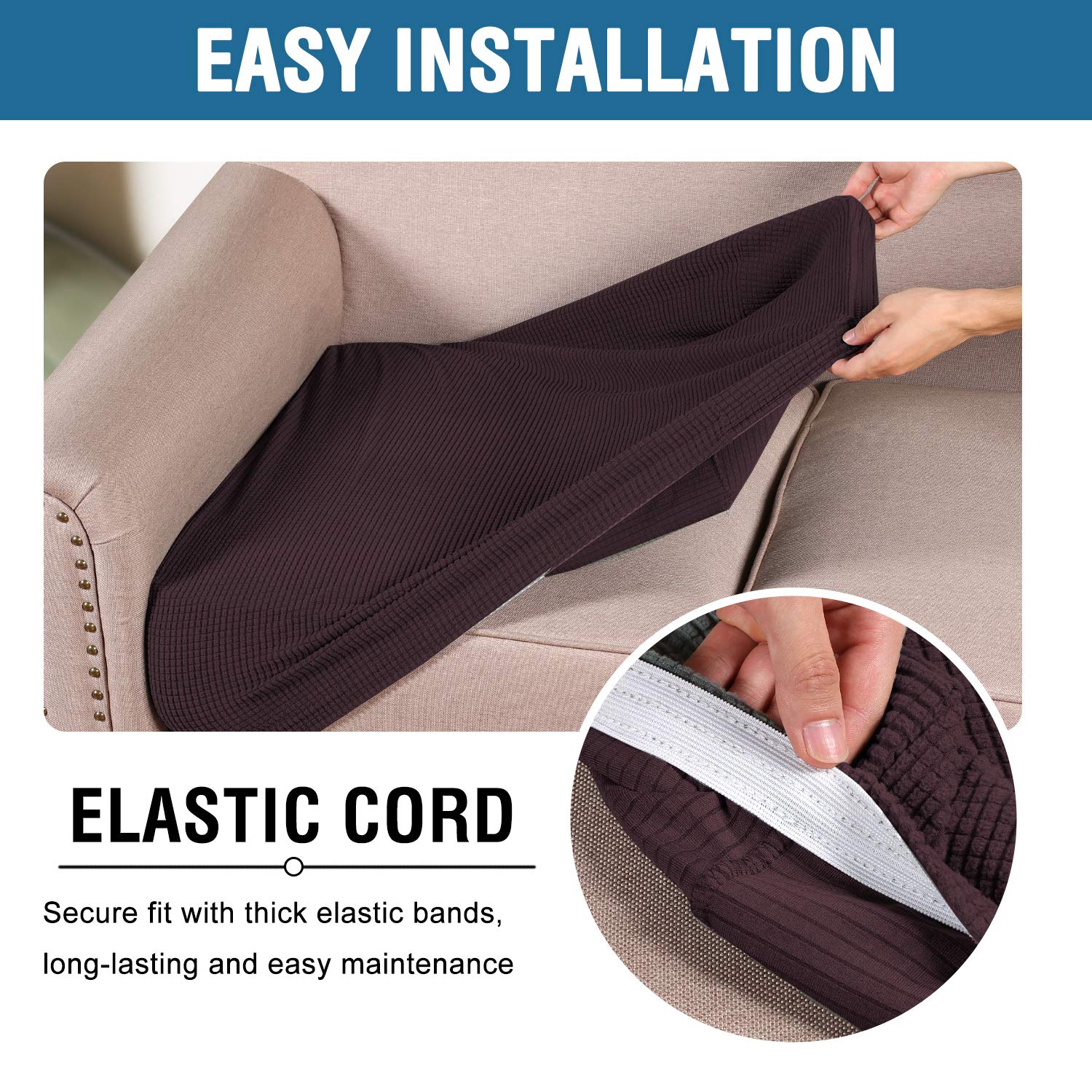 H.VERSAILTEX cushion cover beside ruler to illustrate stretch-fit sizing