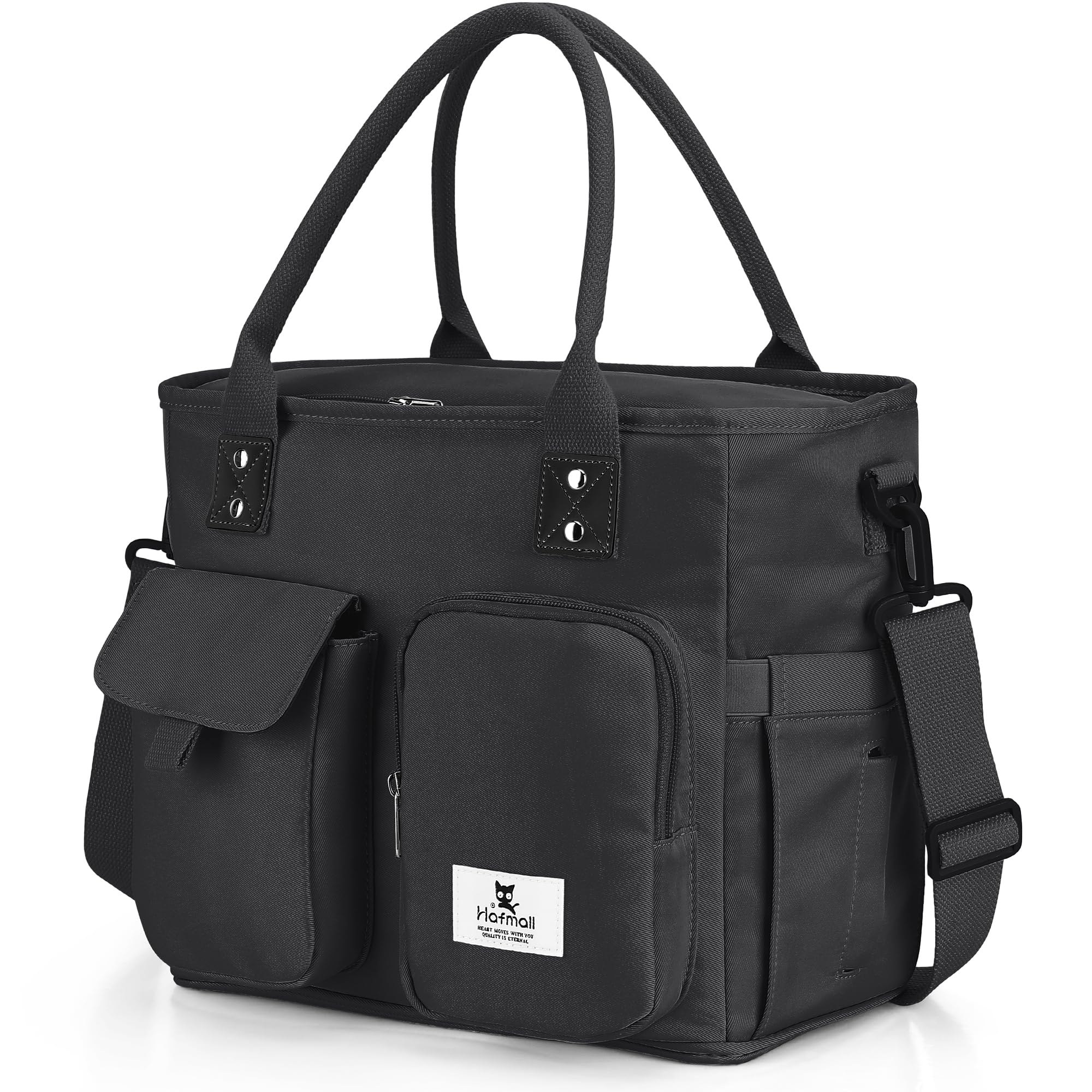 Hafmall front view of black insulated lunch bag showing sleek exterior and pockets, professional look