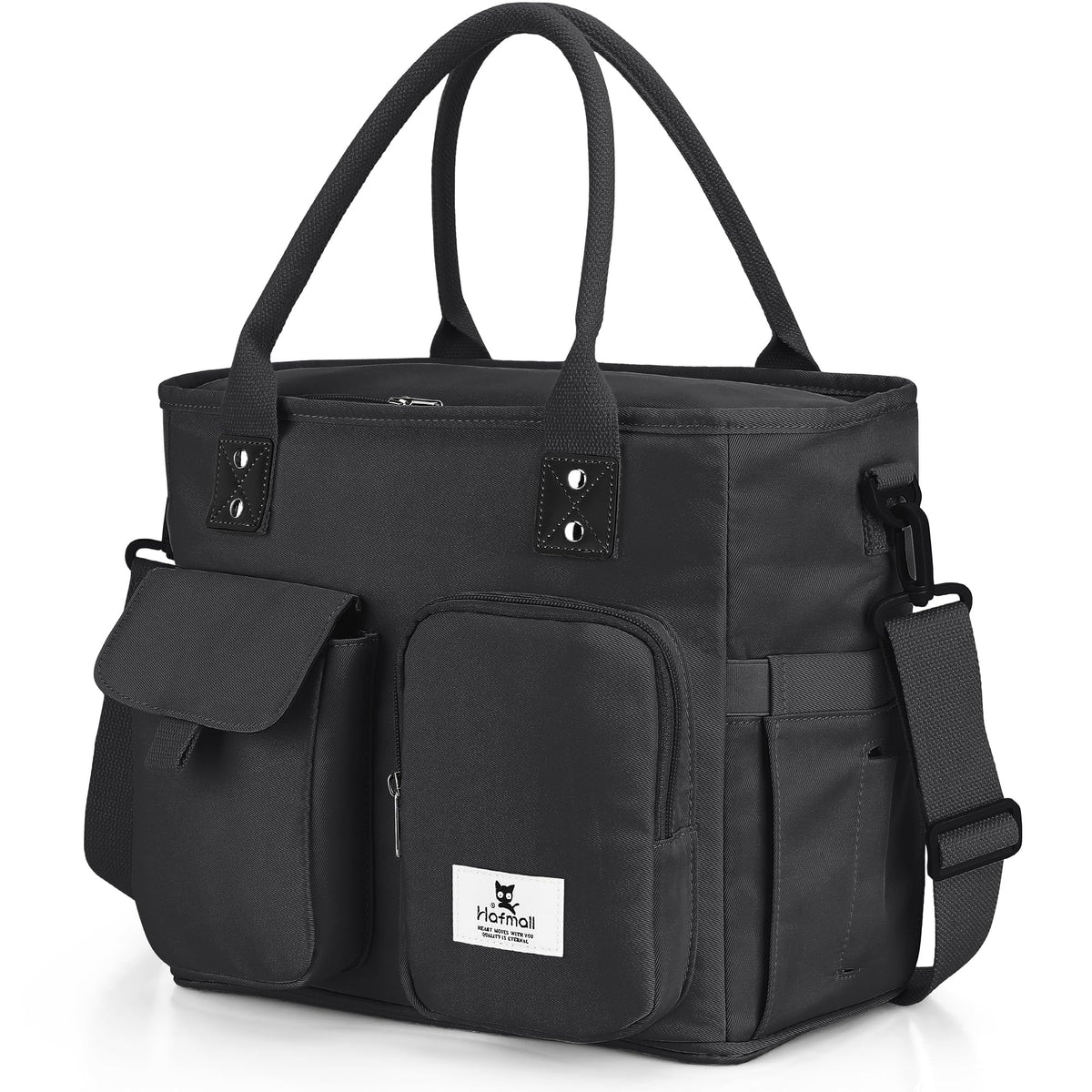 Hafmall front view of black insulated lunch bag showing sleek exterior and pockets, professional look