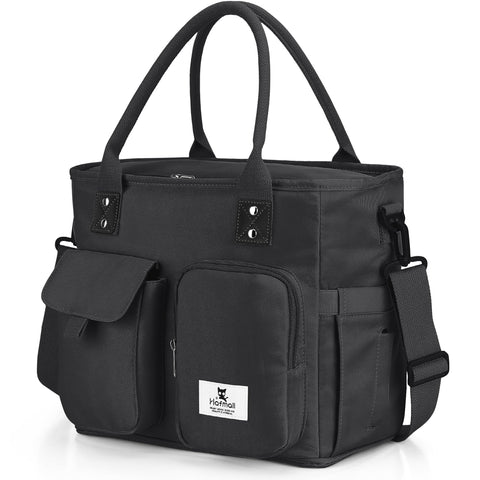 Hafmall front view of black insulated lunch bag showing sleek exterior and pockets, professional look