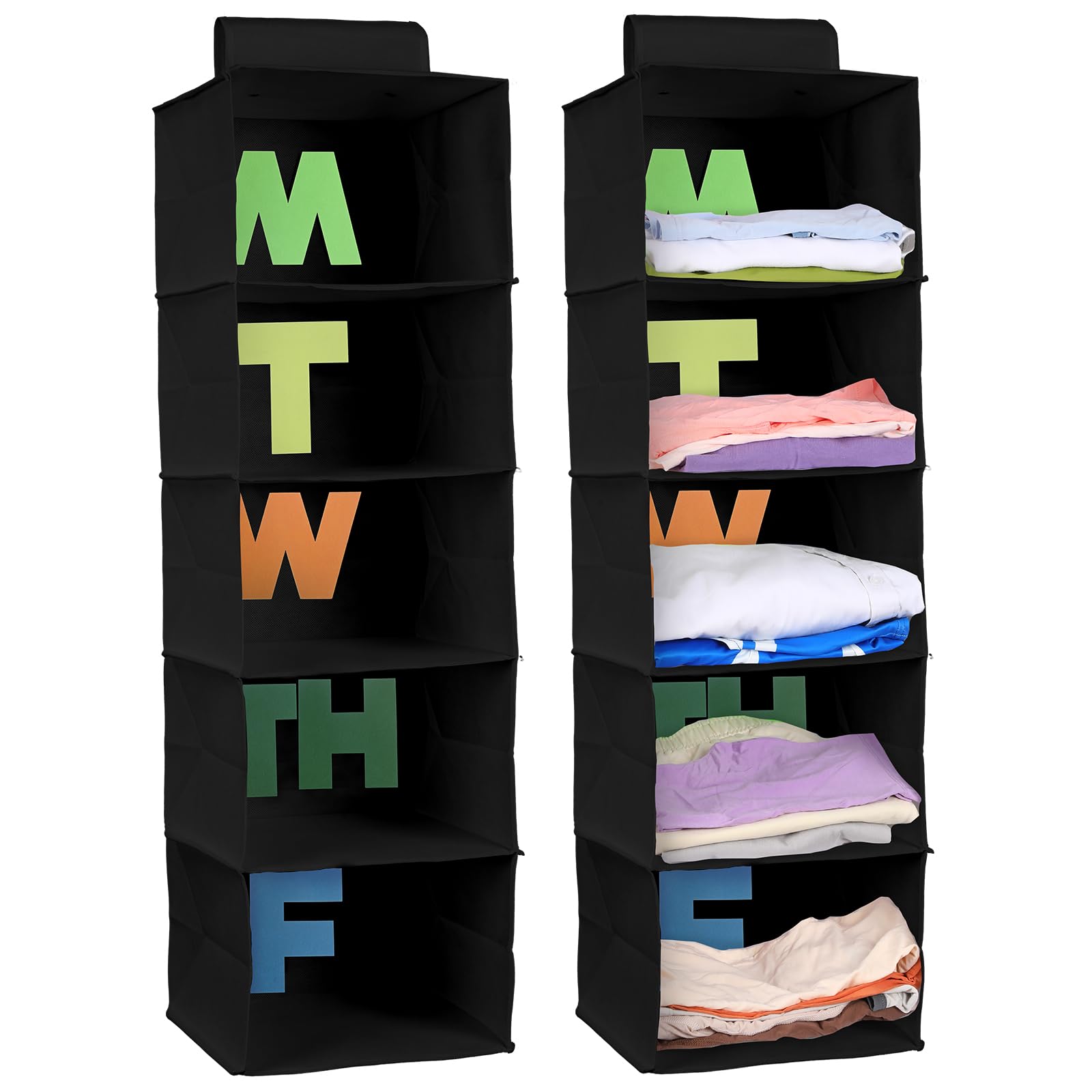 Hahafelt front view showing five shelves and tidy storage benefit