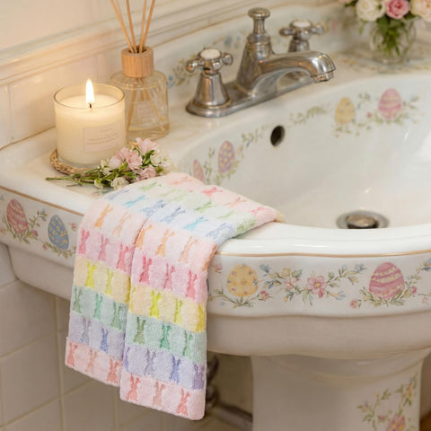 Hahafelt towels styled over bathroom bar adding spring flair