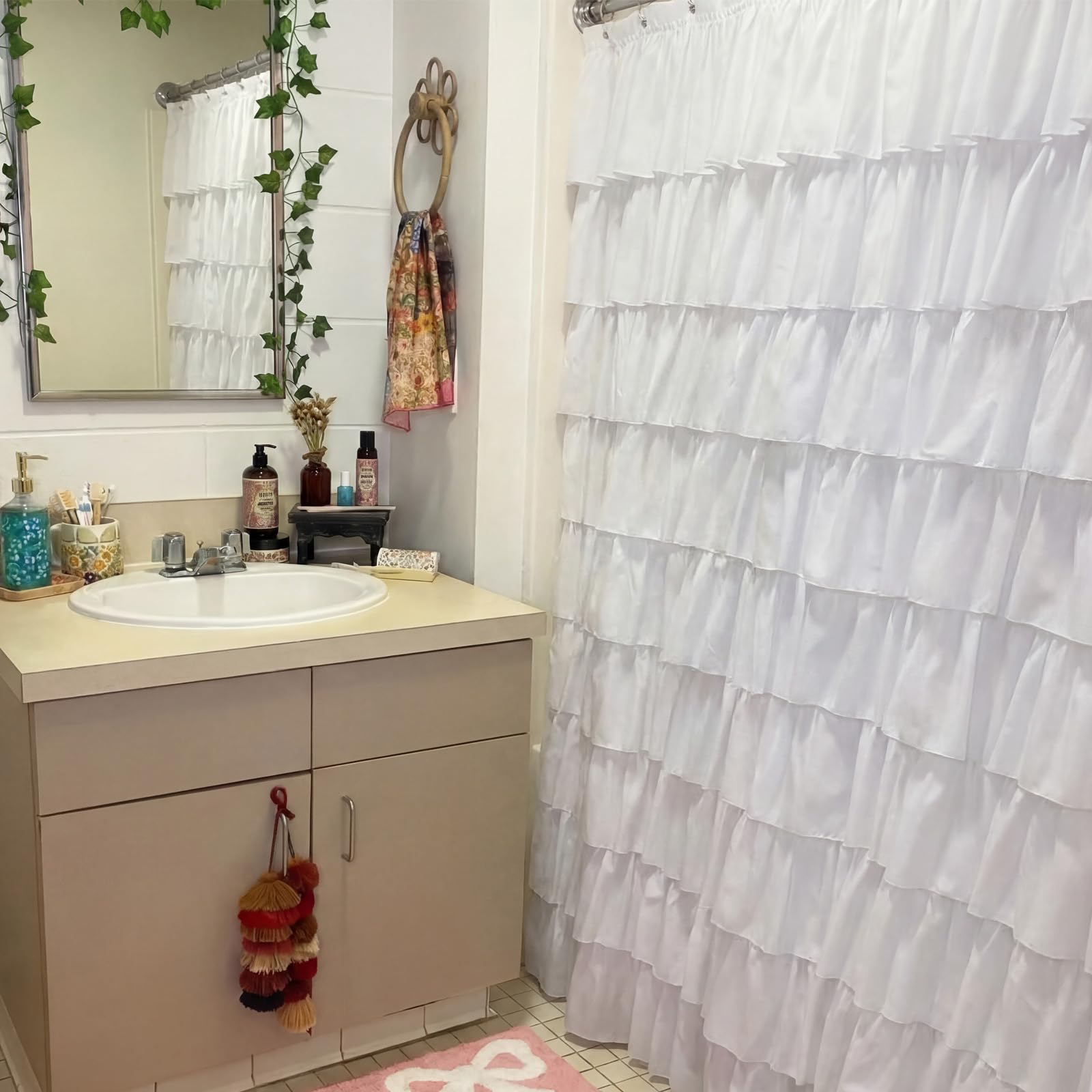Hahafelt styled in dorm bathroom showing brightening and decor upgrade