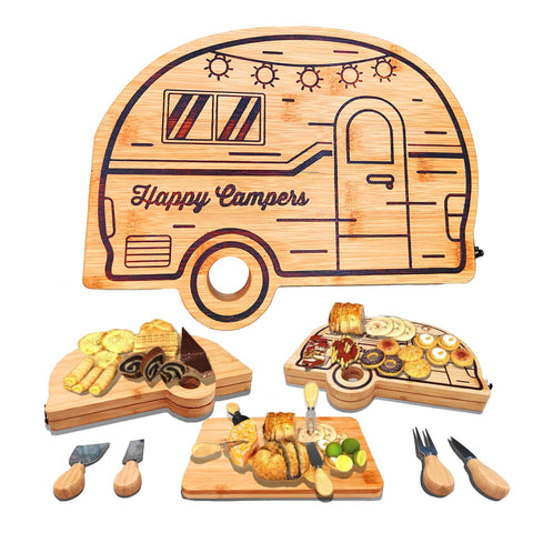 Haigoo front view of unfolded bamboo RV board showing serving surface and knives for easy entertaining