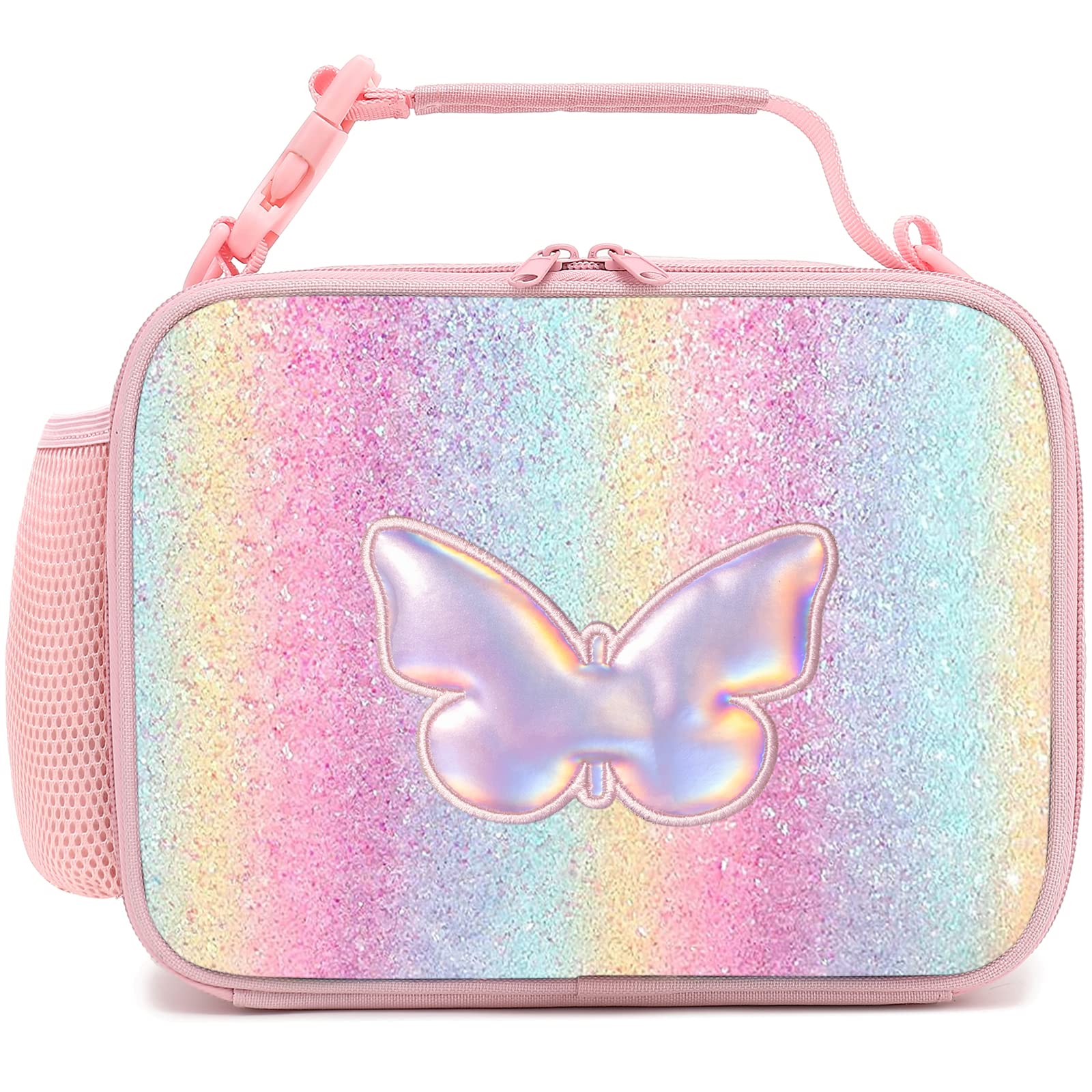 Hairao front view of butterfly lunch box showing colorful glitter exterior and zipper, bright look
