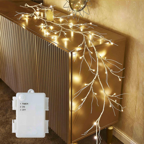 Hairui birch garland front view showing full 6ft lit vine and warm ambience
