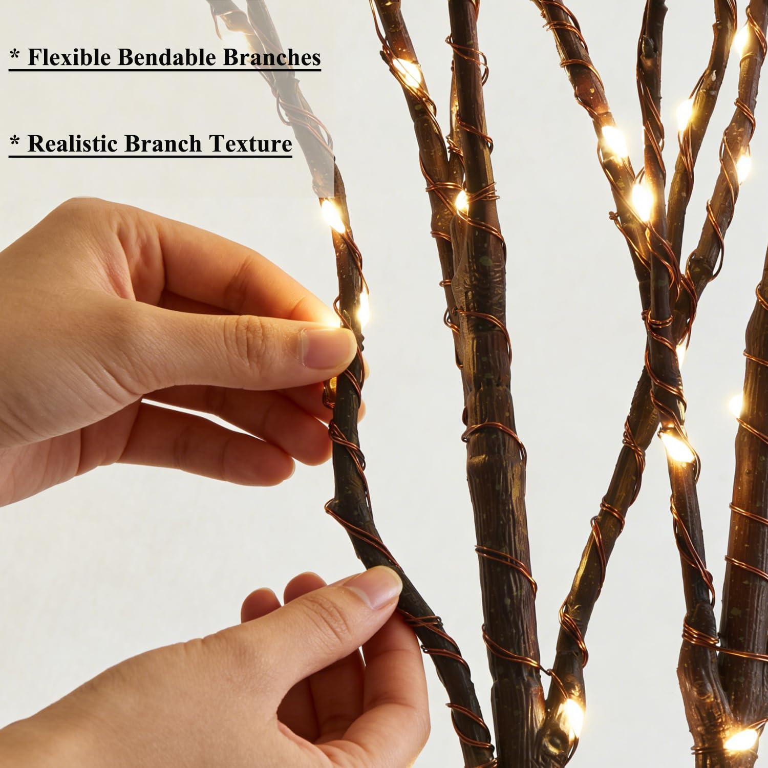 Hairui close-up of realistic bark texture and warm LEDs providing natural glow