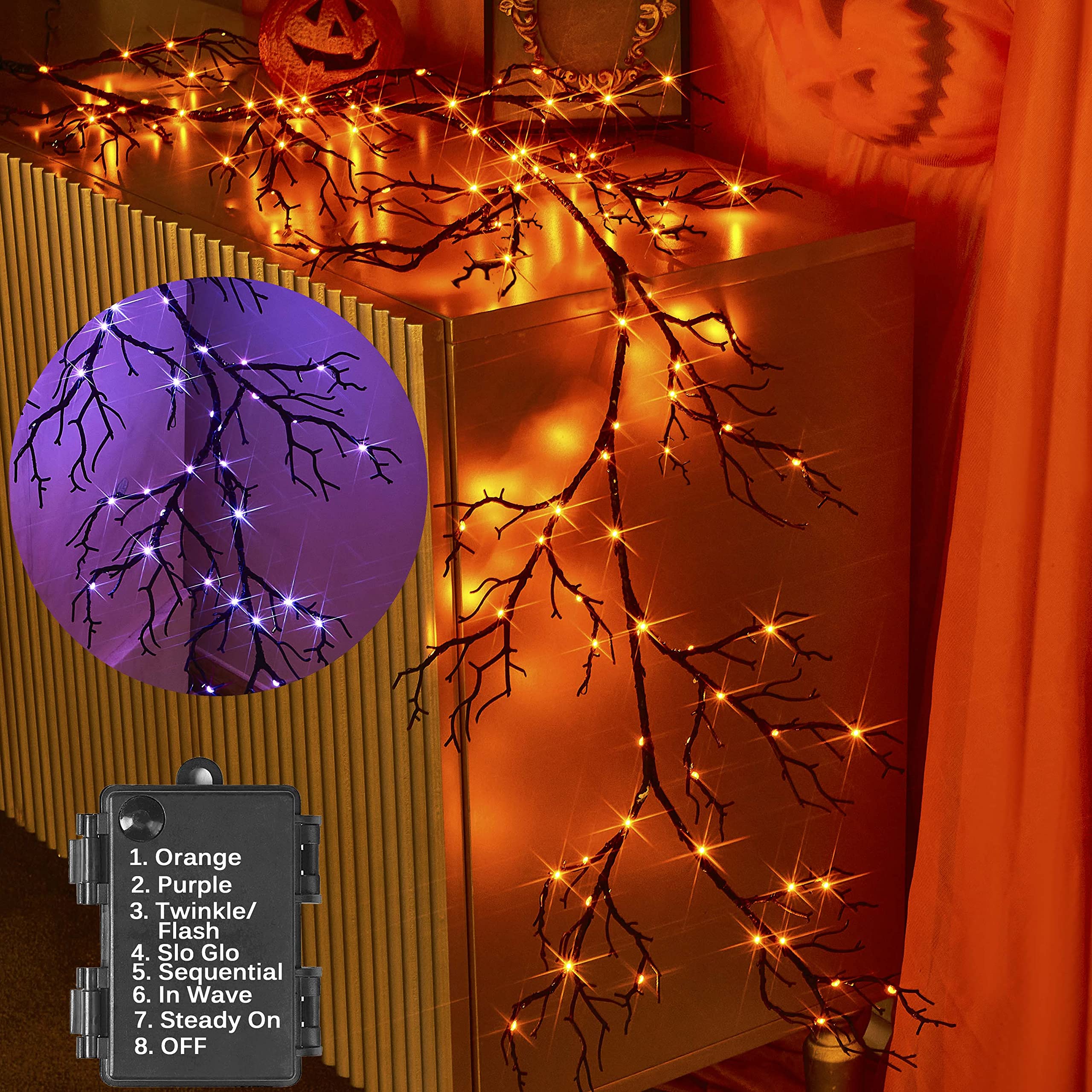 Hairui garland front view showing black twigs and bi-color LEDs, easy spooky styling