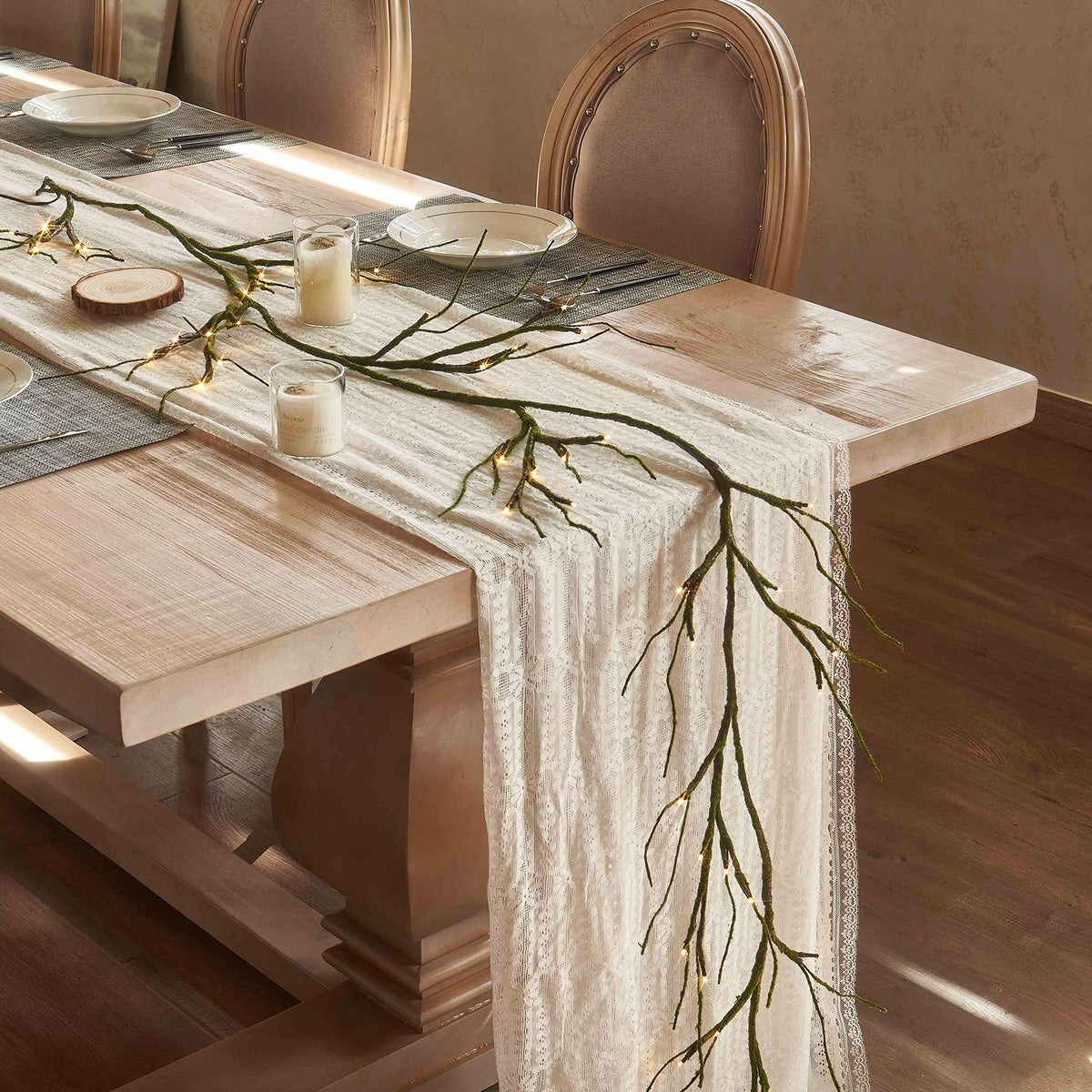 Hairui front view showing realistic mossy garland and twig vine for natural decor