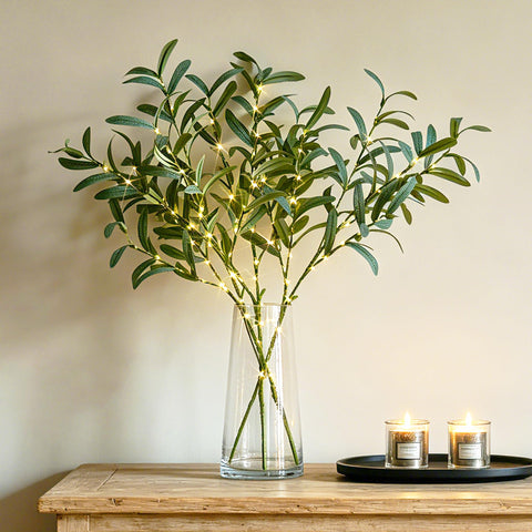 Hairui front view of packaged lighted olive branches showing complete set and lights