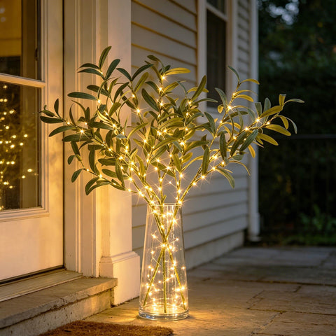 Hairui mixed arrangement with olive branches adding greenery and soft LED glow