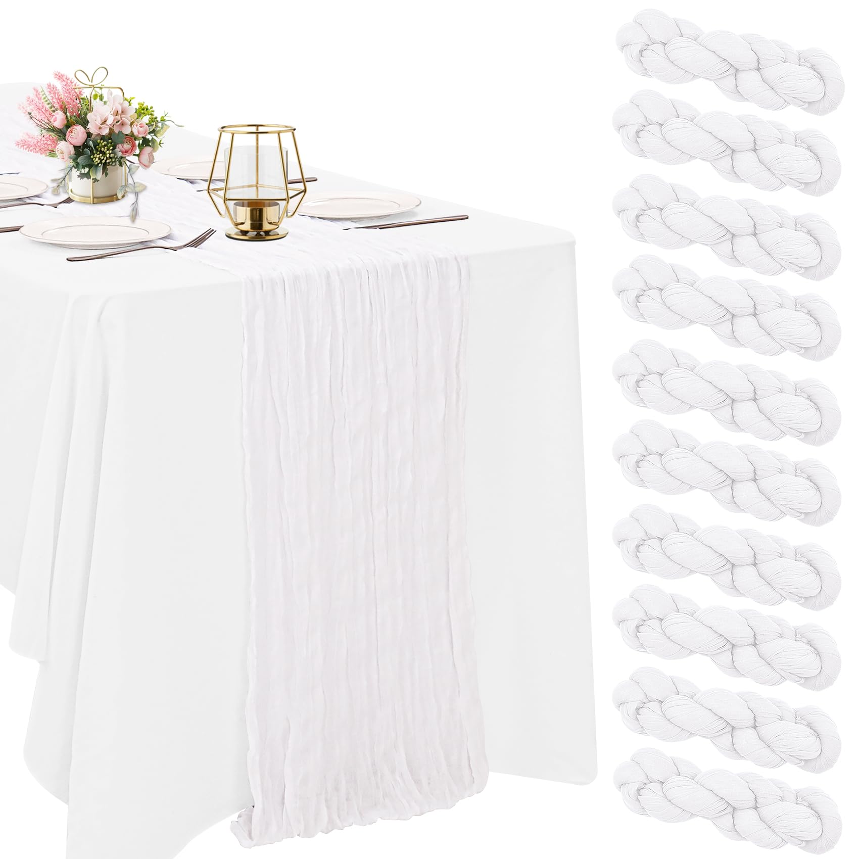 HAISIWLKJ front view of ten white cheesecloth table runners showing full pack and neat fold, useful for event setup