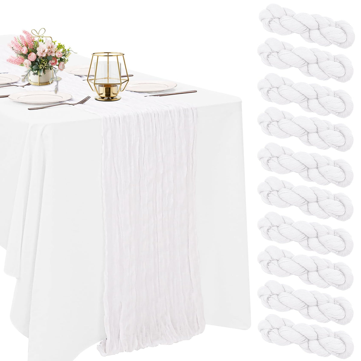 HAISIWLKJ front view of ten white cheesecloth table runners showing full pack and neat fold, useful for event setup