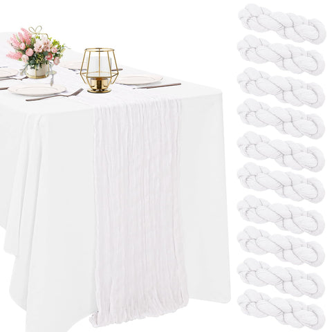 HAISIWLKJ front view of ten white cheesecloth table runners showing full pack and neat fold, useful for event setup