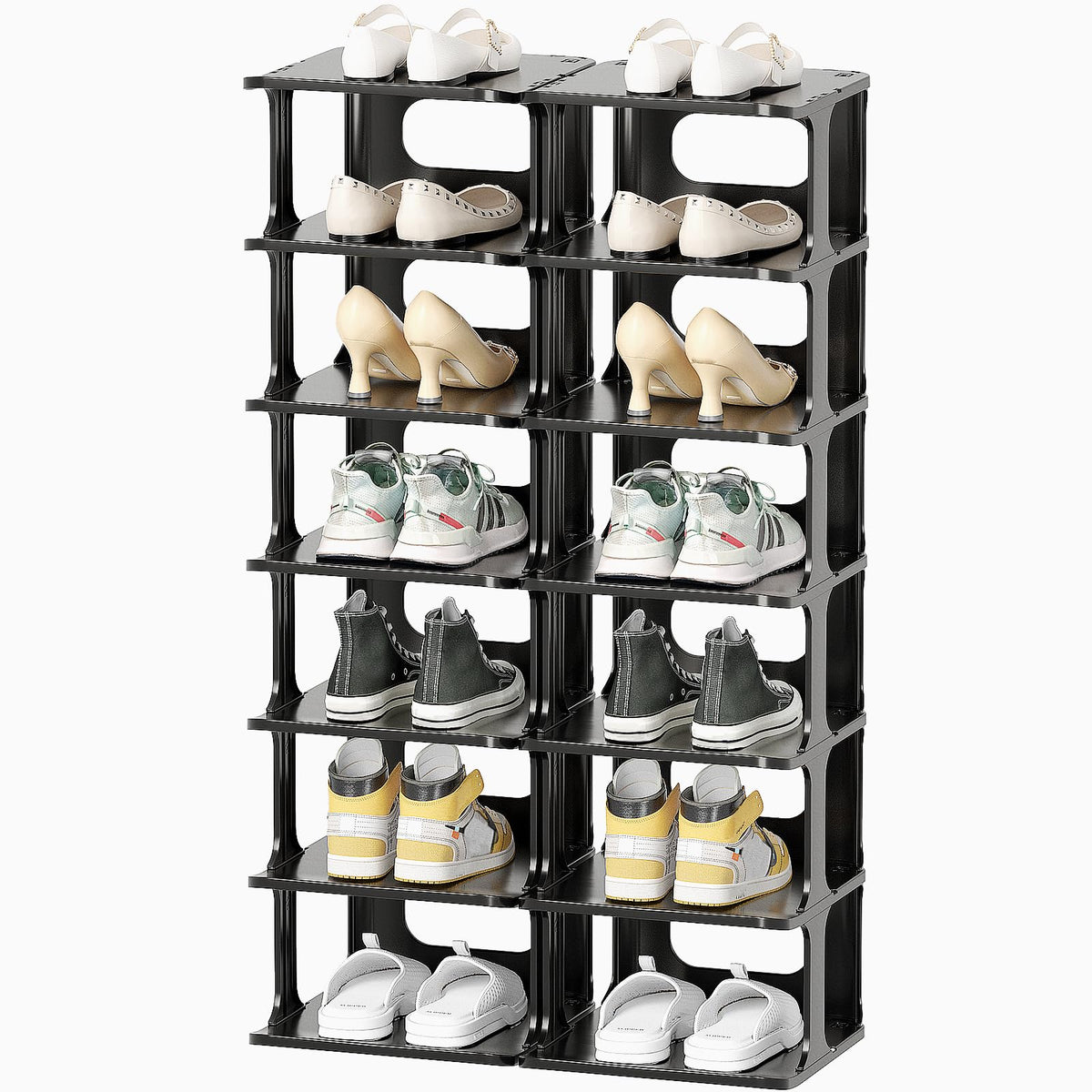 HAIXIN front view of vertical shoe rack showing compact storage benefit