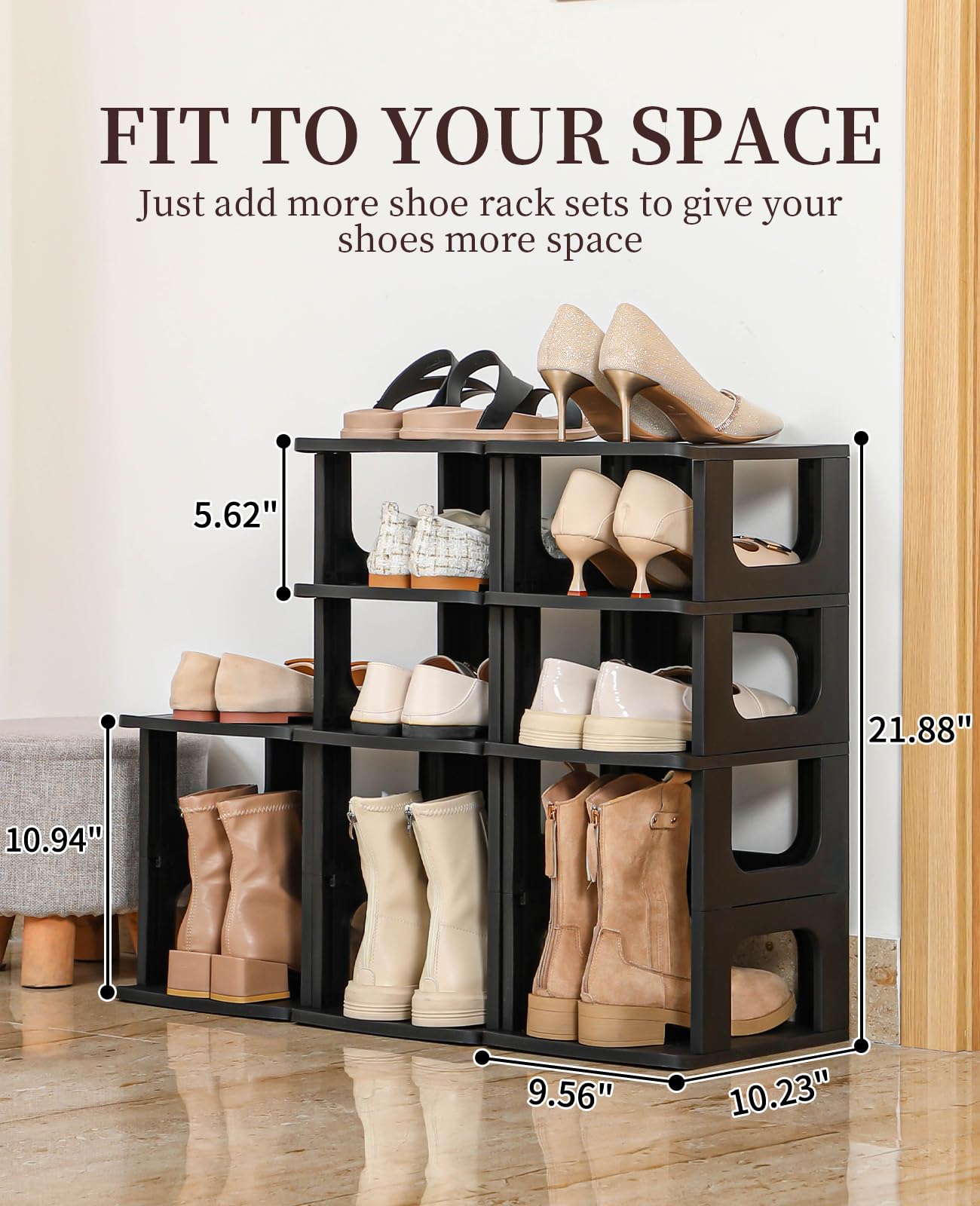 HAIXIN lifestyle shot in entryway showing tidy organized shoes and quick grab benefit